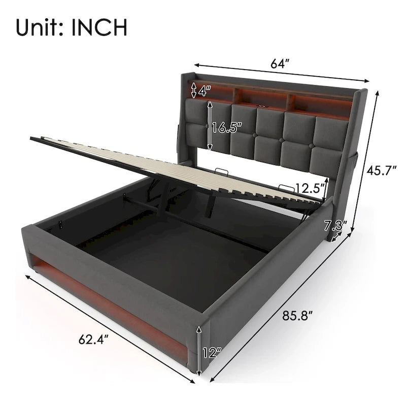 Queen size Upholstered Platform bed with a Hydraulic Storage System, LED and USB Charging, Gray (without mattress)