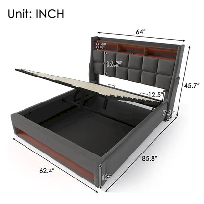 Queen size Upholstered Platform bed with a Hydraulic Storage System, LED and USB Charging, Gray (without mattress)