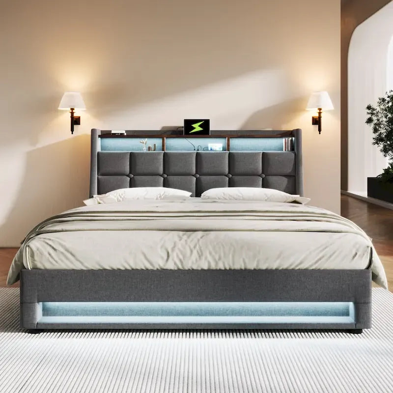 Queen size Upholstered Platform bed with a Hydraulic Storage System, LED and USB Charging, Gray (without mattress)