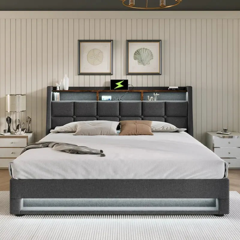 Queen size Upholstered Platform bed with a Hydraulic Storage System, LED and USB Charging, Gray (without mattress)