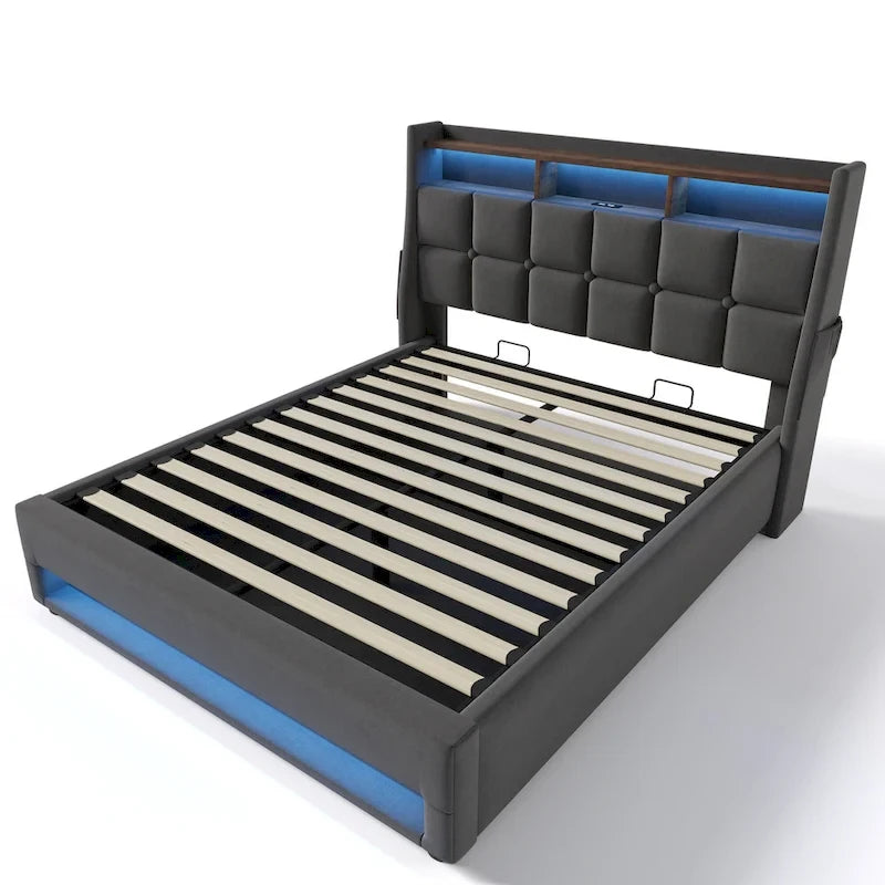 Queen size Upholstered Platform bed with a Hydraulic Storage System, LED and USB Charging, Gray (without mattress)