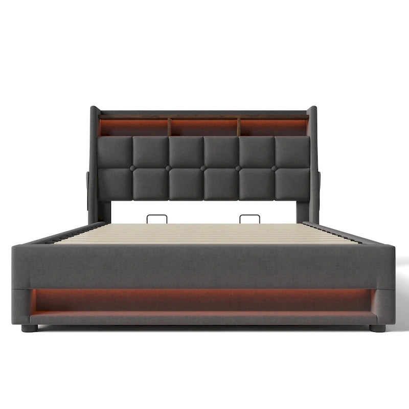 Queen size Upholstered Platform bed with a Hydraulic Storage System, LED and USB Charging, Gray (without mattress)