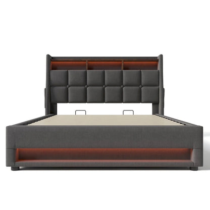 Queen size Upholstered Platform bed with a Hydraulic Storage System, LED and USB Charging, Gray (without mattress)
