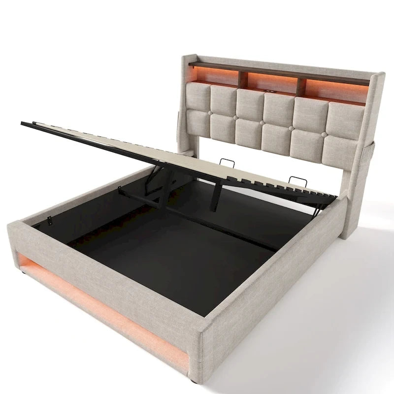 Queen size Upholstered Platform bed with a Hydraulic Storage System, LED and USB Charging, Gray (without mattress)