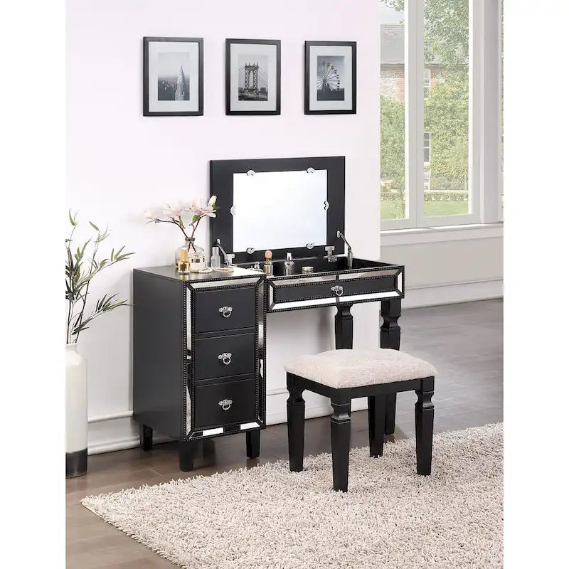Poundex Wooden Makeup Vanity Set with Lift-up Mirror and Stool - Desk 43 x 18 x 30~47H, Stool 18 x 16 x 18H