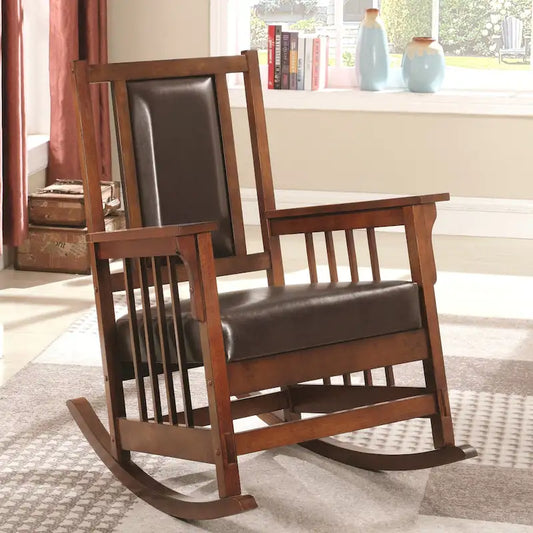 Wood Mission Design Rocking Chair with Brown Upholstered Seat