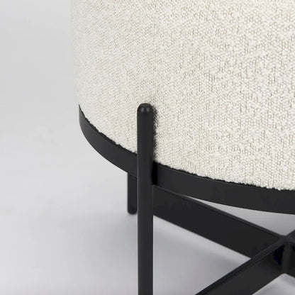 Amelia Cream Boucle Fabric with Black Metal Frame Round Ottoman