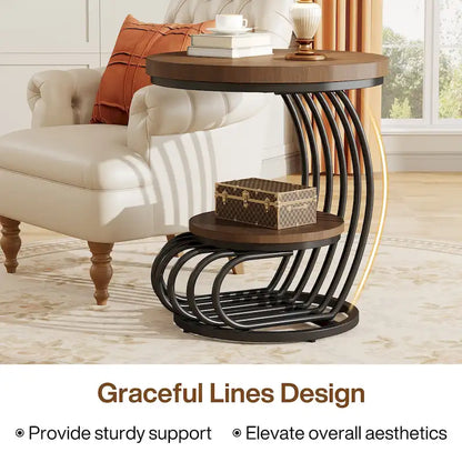 Gold Round End Table, 2 Tiers Side Table with White Faux Marble Top