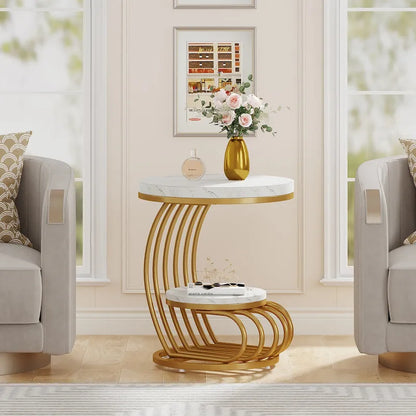 Gold Round End Table, 2 Tiers Side Table with White Faux Marble Top