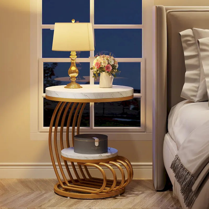 Gold Round End Table, 2 Tiers Side Table with White Faux Marble Top