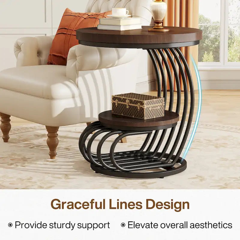 Gold Round End Table, 2 Tiers Side Table with White Faux Marble Top