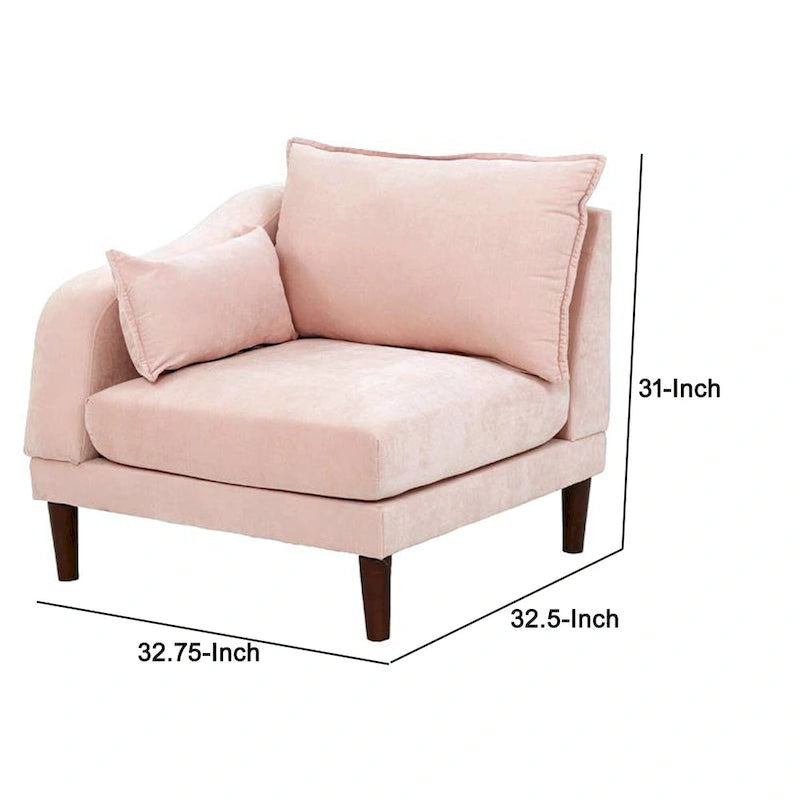 Rio 33 Inch Modular Single Arm Corner Chair, 2 Lumbar Cushions, Blush Pink