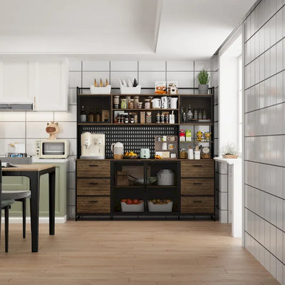 Large Kitchen Hutch Cabinet,Pantry with Metal Doors&amp;6 Drawers&amp;Shelves - 70.9W