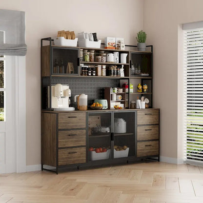 Large Kitchen Hutch Cabinet,Pantry with Metal Doors&amp;6 Drawers&amp;Shelves - 70.9W