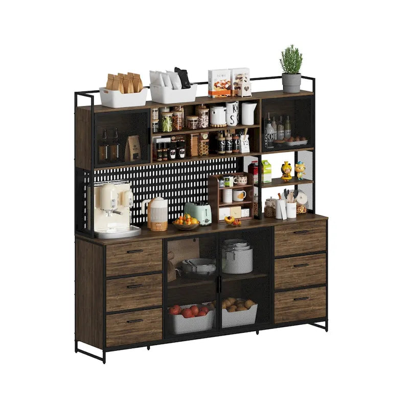 Large Kitchen Hutch Cabinet,Pantry with Metal Doors&amp;6 Drawers&amp;Shelves - 70.9W