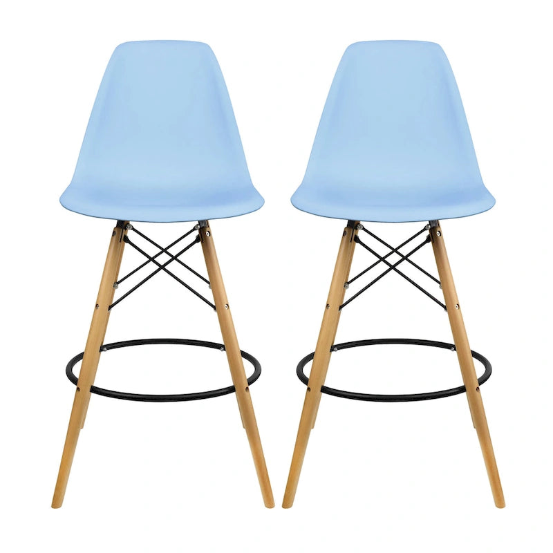 Set of 2 Modern 28 Color Seat Height DSW Molded Armless Plastic Counter Bar Stool Natural Wood Eiffel Dowel Legs Kitchen