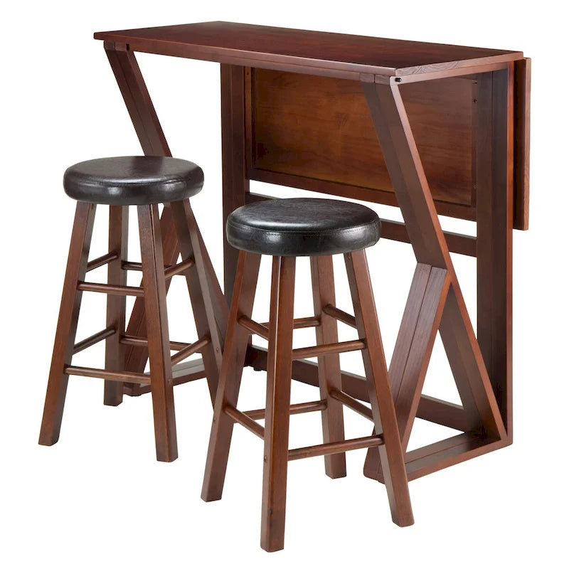 3-Pc Drop Leaf High Table with Cushion Seat Counter Stools, Walnut and Espresso