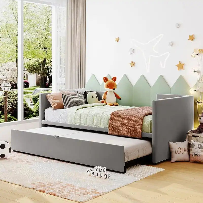 Twin Size Upholstered Daybed with Extendable Trundle