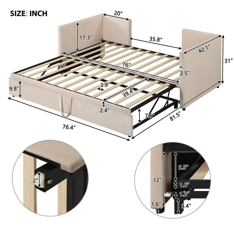 Twin Size Upholstered Daybed with Extendable Trundle