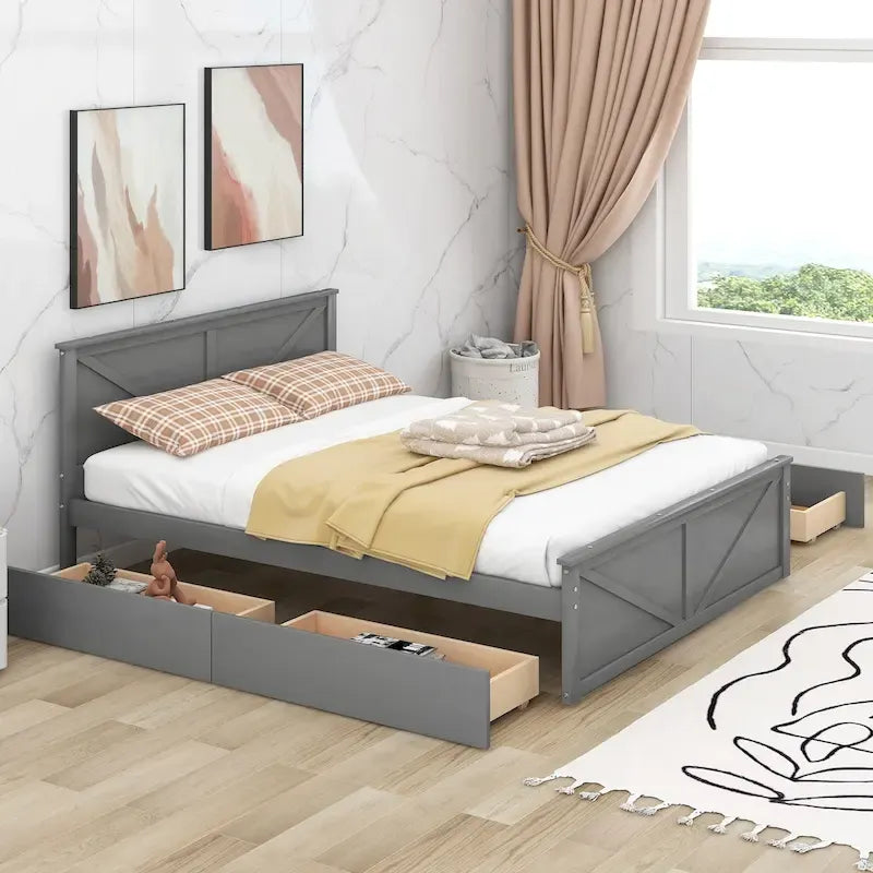 Wooden Platform Bed with Four Storage Drawers and Support Legs