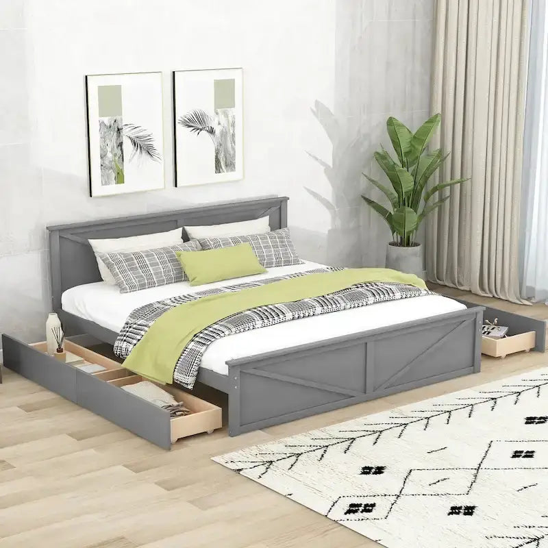 Wooden Platform Bed with Four Storage Drawers and Support Legs