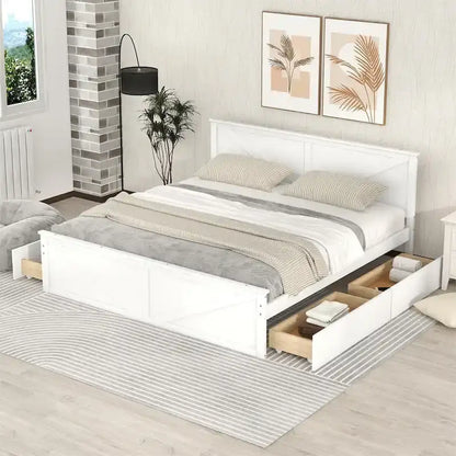 Wooden Platform Bed with Four Storage Drawers and Support Legs