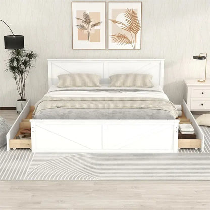 Wooden Platform Bed with Four Storage Drawers and Support Legs