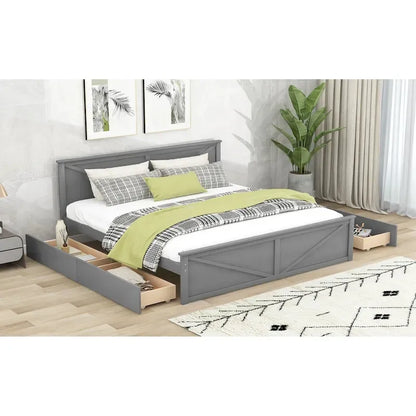 Wooden Platform Bed with Four Storage Drawers and Support Legs