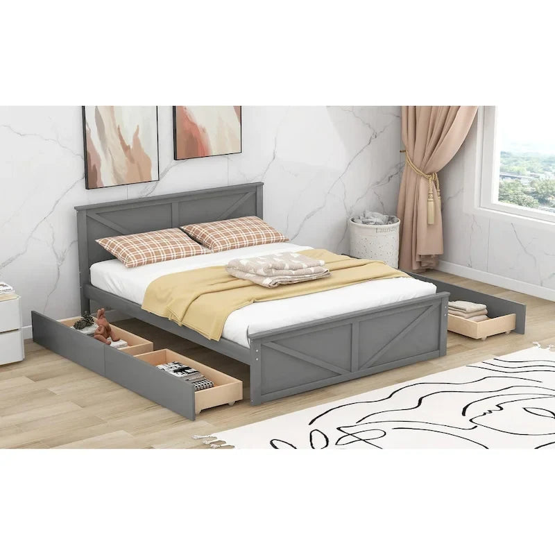 Wooden Platform Bed with Four Storage Drawers and Support Legs