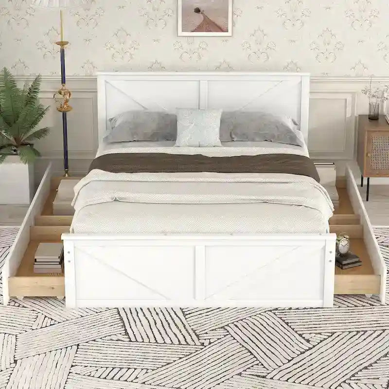 Wooden Platform Bed with Four Storage Drawers and Support Legs