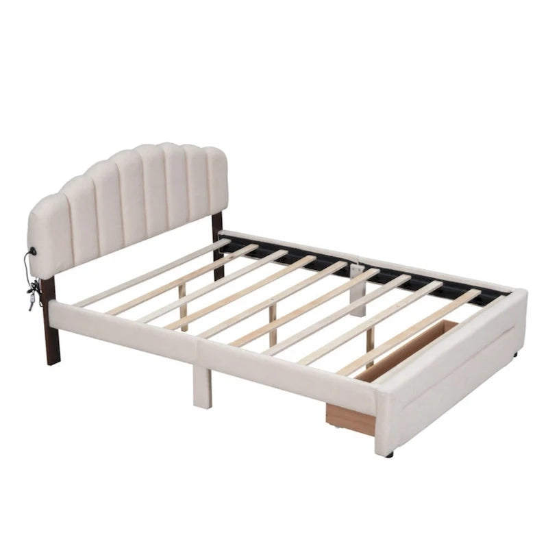Teddy Fleece Queen Size Upholstered Platform Bed with Drawer