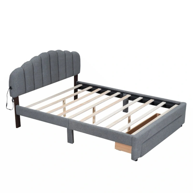 Teddy Fleece Queen Size Upholstered Platform Bed with Drawer