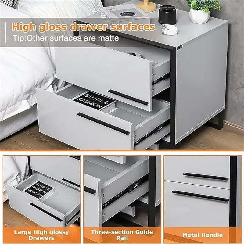 LED Nightstand with 2 High Gloss Drawers