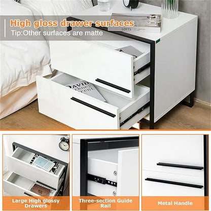 LED Nightstand with 2 High Gloss Drawers