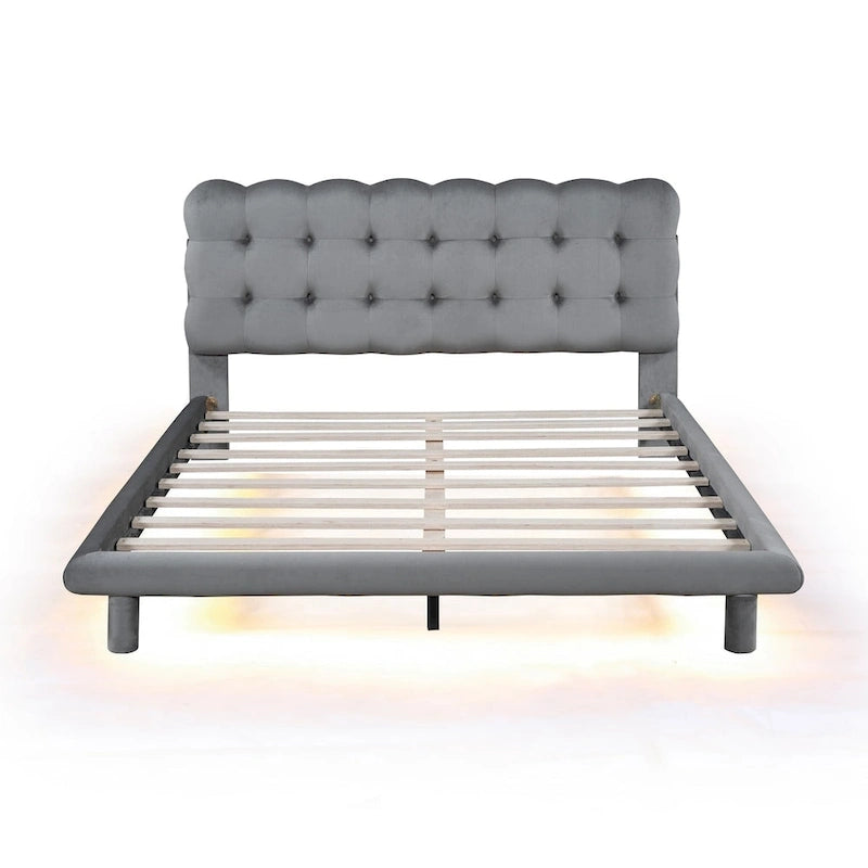 Queen Size Velvet Platform Bed with LED Frame, Thick &amp; Soft Fabric and Button-tufted Design Headboard