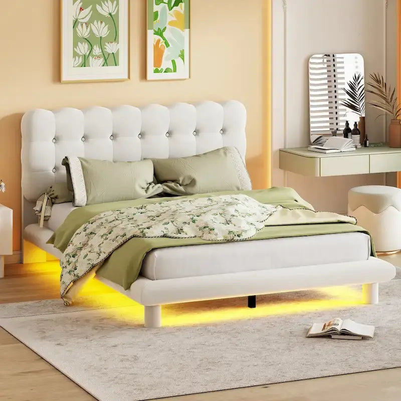 Queen Size Velvet Platform Bed with LED Frame, Thick &amp; Soft Fabric and Button-tufted Design Headboard