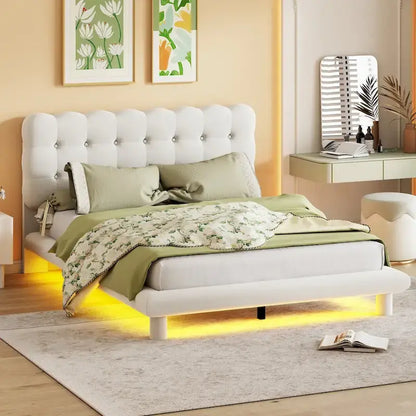 Queen Size Velvet Platform Bed with LED Frame, Thick &amp; Soft Fabric and Button-tufted Design Headboard