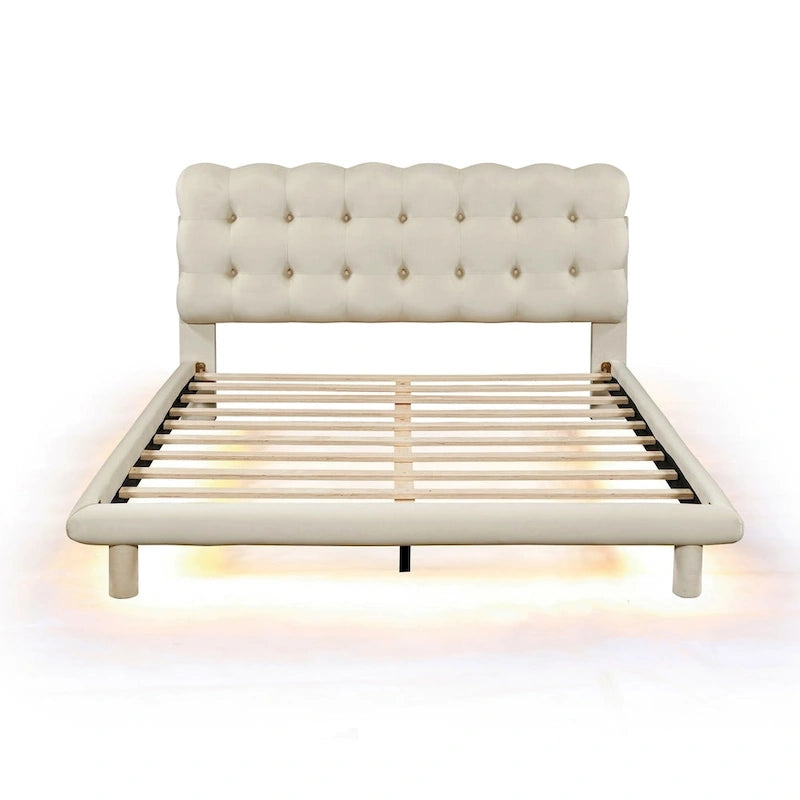 Queen Size Velvet Platform Bed with LED Frame, Thick &amp; Soft Fabric and Button-tufted Design Headboard