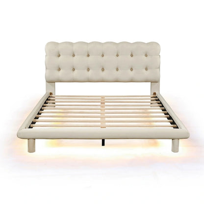 Queen Size Velvet Platform Bed with LED Frame, Thick &amp; Soft Fabric and Button-tufted Design Headboard