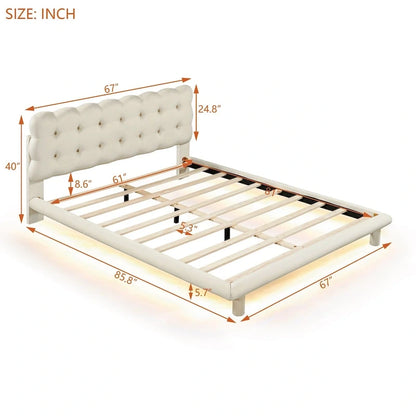 Queen Size Velvet Platform Bed with LED Frame, Thick &amp; Soft Fabric and Button-tufted Design Headboard