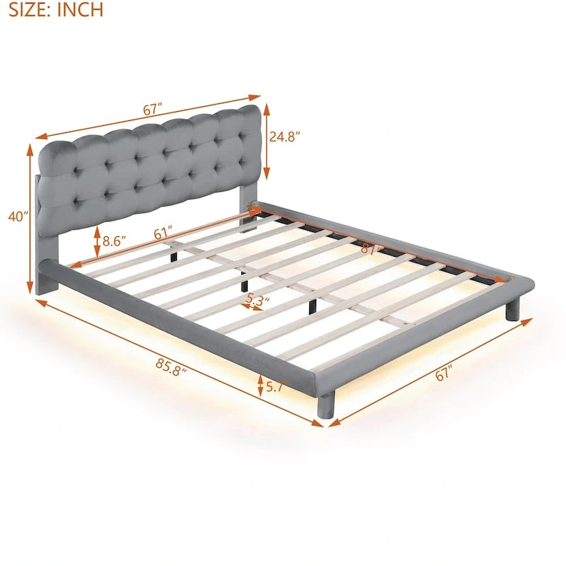 Queen Size Velvet Platform Bed with LED Frame, Thick &amp; Soft Fabric and Button-tufted Design Headboard