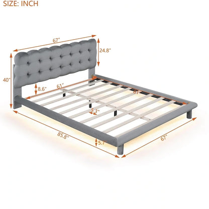 Queen Size Velvet Platform Bed with LED Frame, Thick &amp; Soft Fabric and Button-tufted Design Headboard