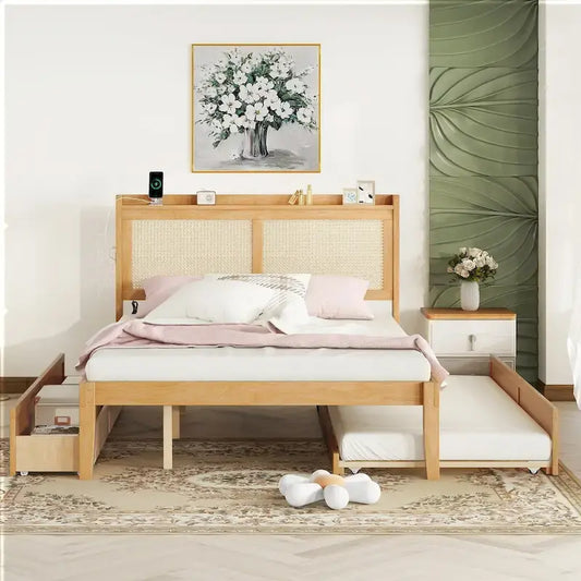 Elegant Bed Frame with Rattan Headboard and Sockets