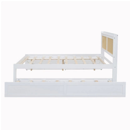 Elegant Bed Frame with Rattan Headboard and Sockets