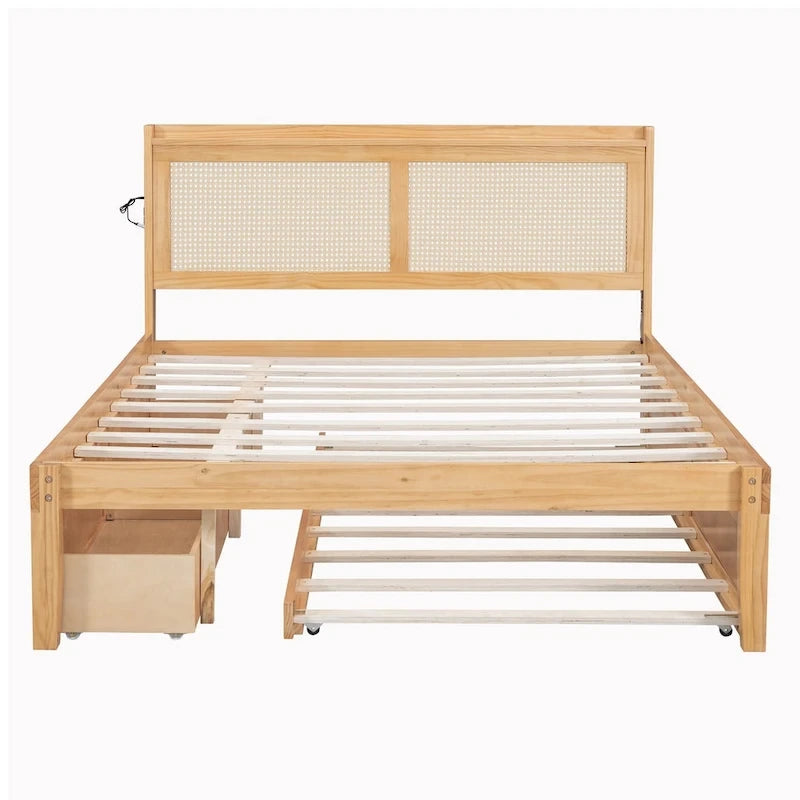 Elegant Bed Frame with Rattan Headboard and Sockets