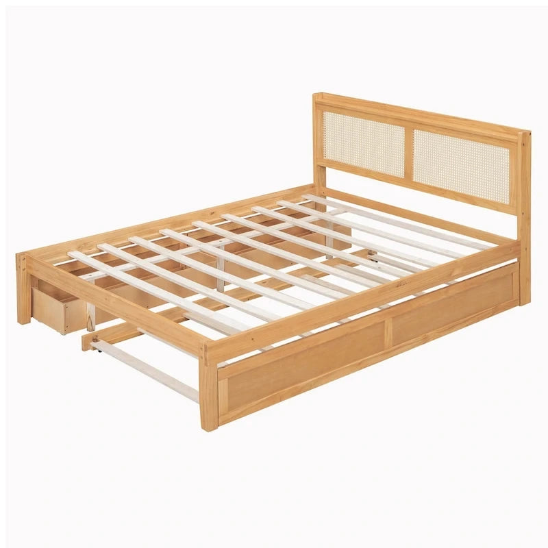 Elegant Bed Frame with Rattan Headboard and Sockets