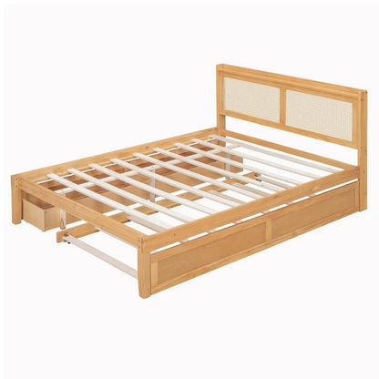 Elegant Bed Frame with Rattan Headboard and Sockets