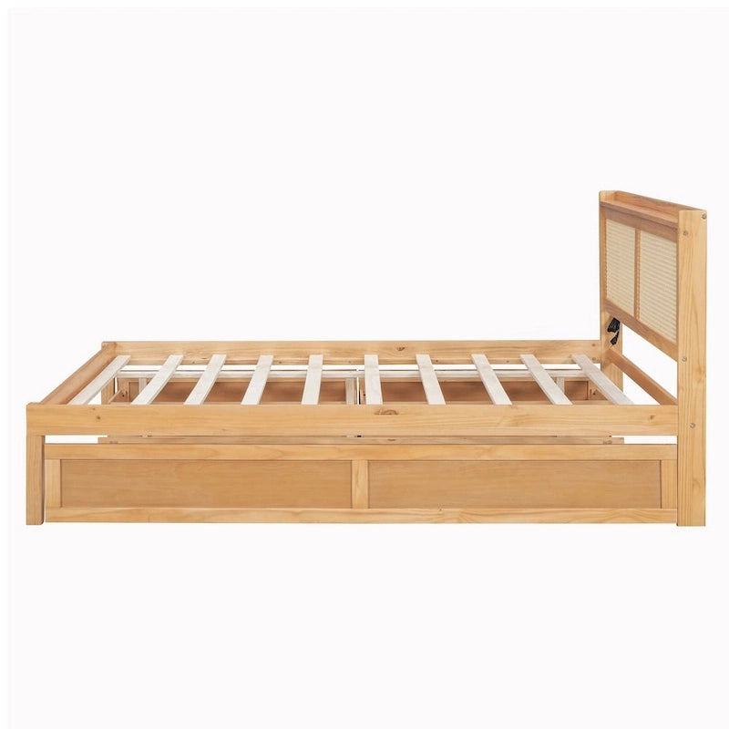 Elegant Bed Frame with Rattan Headboard and Sockets