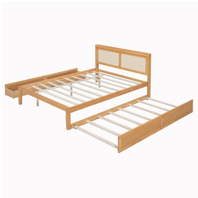 Elegant Bed Frame with Rattan Headboard and Sockets