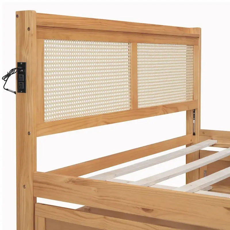 Elegant Bed Frame with Rattan Headboard and Sockets